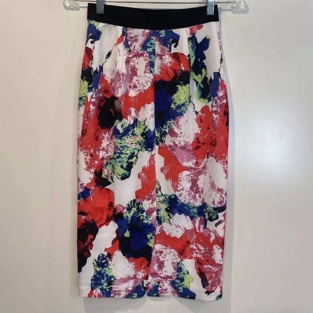 Milly Womens Midi Skirt Size XXS Floral Watercolor Abstract Pencil Straight (655 - Picture 4 of 7